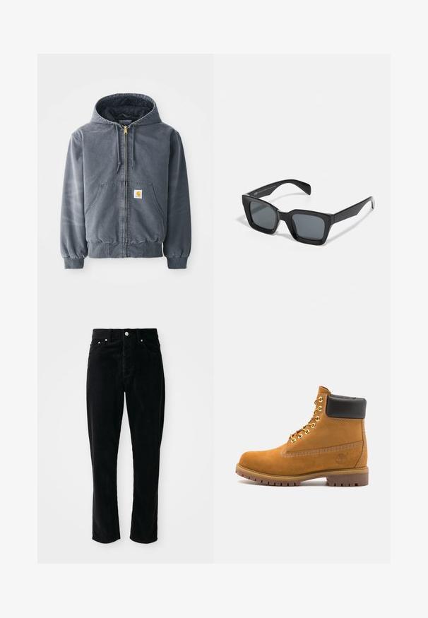 Grå hættetrøje med frontlynlås, to store lommer, ribbede ærmer og et logo-patch på venstre lomme. Lavet af slidstærkt stof.; Hvid hættetrøje med et stort trykt identifikationskortdesign i blå, gul og sort, med en frontlomme og snoretræk i hætten.; Sorte fløjlsprede bukser med høj talje, lige ben, fem lommer og sølvhardware, der har et struktureret ribbet mønster over det hele.; Tan nubuck ankelstøvle med sort polstret krave, gyldne metaløjer, hvid syning detaljer og robust gummisål med udtalte slidbaner.; Sorte rektangulære solbriller med mørke linser. Plastisk stel med højglans finish, der har en bred næsebro og let tilspidsede arme.