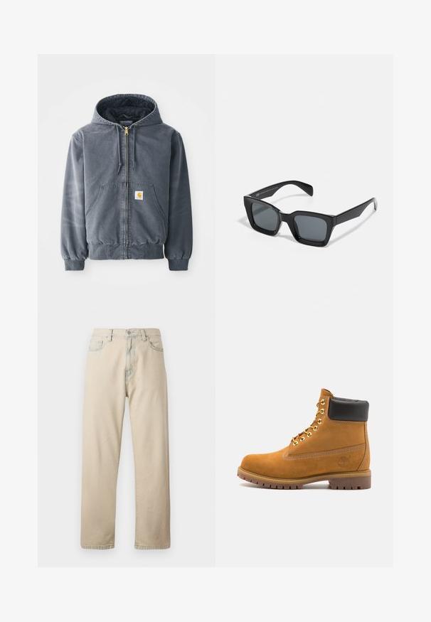 Szara bluza z kapturem, z suwakiem z przodu, dwiema dużymi kieszeniami, ściągaczami przy mankietach i naszywką z logiem na lewej kieszeni. Wykonana z trwałego materiału.; Biała bluza z kapturem, z dużym nadrukiem w formie identyfikatora w kolorach niebieskim, żółtym i czarnym, z kieszenią z przodu i ściągaczem na kapturze.; Jasnobeżowe dżinsy z denimu o prostych nogawkach, z pięcioma kieszeniami i zapięciem na guzik. Posiadają subtelne przetarcia na materiale oraz klasyczny krój.; Beżowe zamszowe botki sięgające kostki z czarną wyściełaną krawędzią, złotymi oczkami, białymi detalami szycia oraz wytrzymałą gumową podeszwą z wyraźnym bieżnikiem.; Czarne prostokątne okulary przeciwsłoneczne z ciemnymi soczewkami. Plastikowa oprawka o błyszczącym wykończeniu, z szerokim mostkiem i lekko zwężającymi się ramionami.