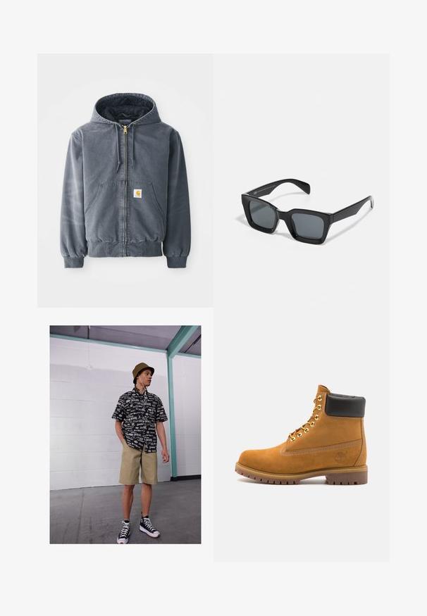 Sudadera gris con capucha y cremallera frontal, dos grandes bolsillos, puños acanalados y un parche con logotipo en el bolsillo izquierdo. Fabricada con una tela duradera.; Sudadera blanca con un gran diseño de tarjeta de identificación impresa en azul, amarillo y negro, con un bolsillo frontal y capucha con cordones.; Camisa de manga corta en blanco y negro con patrón de logotipos, pantalones cortos caqui y zapatillas altas negras. Gorra tipo bucket beige y cuerdas visibles.; Botín de ante marrón claro con collar acolchado negro, ojales de metal dorado, detalles de costura blanca y suela de goma resistente con tacos pronunciados.; Gafas de sol rectangulares negras con lentes oscuros. Montura de plástico con un acabado brillante, que cuenta con un puente ancho y brazos ligeramente cónicos.