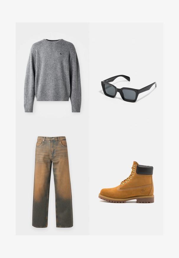 Šedá mikina s kapucí a předním zipem, se dvěma velkými kapsami, žebrovanými manžetami a logem na levé kapse. Vyrobena z odolné látky.; Šedý pletený svetr s kulatým výstřihem, žebrovanými manžetami a lemem, a malým logem na hrudi. Měkká textilie a volný střih.; Džíny s širokými nohavicemi v distressed modré a hnědé denimové barvě. Mají vysoký pas, přední kapsy a klasické zapínání na knoflík se metalickými akcenty.; Hnědé semišové kotníkové boty s černým polstrovaným límcem, zlatými kovovými očky, bílým prošíváním a odolnou gumovou podrážkou s výraznými drážkami.; Černé obdélníkové sluneční brýle s tmavými skly. Plastový rám s lesklým povrchem, široký most a mírně zúžené stranice.
