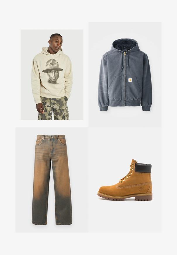 Sivá mikina s kapucňou a predným zipsom, dvomi veľkými vreckami, rebrovanými manžetami a nášivkou loga na ľavom vrecku. Vyrobená z odolného materiálu.; Béžová mikina s kapucňou s veľkým čierno-bielym grafickým motívom osoby v klobúku. Bavlnený materiál s jemnou textúrou. Voľný strih a klokanie vrecko.; Džínsy s širokými nohavicami v poškodenom modrom a hnedom denime. Majú vysoký pás, predné vrecká a klasické zapínanie na gombík s kovovými akcentmi.; Tyrkysové semišové členkové topánky s čiernym polstrovaným golierom, zlatými kovovými očkami, bielym prešívaním a robustnou gumovou podrážkou s výraznými drážkami.
