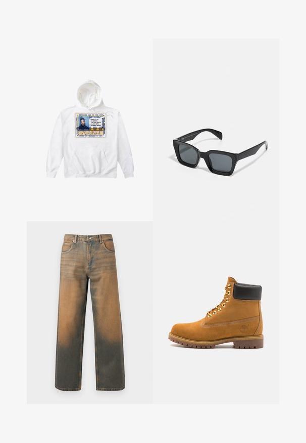 Šedá mikina s kapucí a předním zipem, se dvěma velkými kapsami, žebrovanými manžetami a logem na levé kapse. Vyrobena z odolné látky.; Bílá mikina s kapucí s velkým potiskem identifikační karty v modré, žluté a černé barvě, s přední kapsou a stahovací šňůrkou.; Džíny s širokými nohavicemi v distressed modré a hnědé denimové barvě. Mají vysoký pas, přední kapsy a klasické zapínání na knoflík se metalickými akcenty.; Hnědé semišové kotníkové boty s černým polstrovaným límcem, zlatými kovovými očky, bílým prošíváním a odolnou gumovou podrážkou s výraznými drážkami.; Černé obdélníkové sluneční brýle s tmavými skly. Plastový rám s lesklým povrchem, široký most a mírně zúžené stranice.