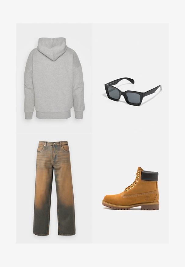 Harmaa huppari, jossa on edessä vetoketju, kaksi suurta taskua, ribbikaiset hihansuut ja logopatchi vasemmassa taskussa. Valmistettu kestävästä kankaasta.; Harmaa huppari, jossa on muotoiltu huppu, leveät hihat ja ribbireuna. Pehmeä, teksturoitu kangas, jossa ei ole näkyviä kuvioita tai varusteita.; Levin leveät farkut kuluneessa sinisessä ja ruskeassa denimmissä. Ominaisuuksiin kuuluu korkea vyötärö, etupussit ja klassinen napitus metallikoristeilla.; Valkoinen nahkainen nilkkuri mustalla pehmustetulla kauluksella, kultaisilla metallisilla rei'illä, valkoisella ompeluksella ja jykevällä kumipohjalla, jossa on selvästi näkyvät urat.; Musta suorakulmainen aurinkolasi tummilla linsseillä. Muovikehys kiiltävällä pinnalla, leveällä siltalla ja hieman kapenevilla jaloilla.