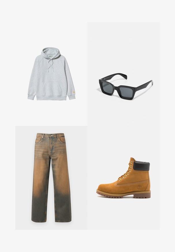 Sudadera gris con capucha y cremallera frontal, dos grandes bolsillos, puños acanalados y un parche con logotipo en el bolsillo izquierdo. Fabricada con una tela duradera.; Sudadera gris con capucha, mangas raglán, bolsillo frontal y cordón. Textura suave con un pequeño logo en la manga.; Jeans de pierna ancha en denim azul y marrón desgastado. Presentan una cinturilla alta, bolsillos delanteros y un cierre de botón clásico con acentos metálicos.; Botín de ante marrón claro con collar acolchado negro, ojales de metal dorado, detalles de costura blanca y suela de goma resistente con tacos pronunciados.; Gafas de sol rectangulares negras con lentes oscuros. Montura de plástico con un acabado brillante, que cuenta con un puente ancho y brazos ligeramente cónicos.