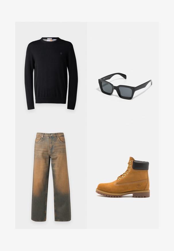 Grau Hoodie mit Frontreißverschluss, zwei großen Taschen, gerippten Bündchen und einem Logo-Patch auf der linken Tasche. Hergestellt aus strapazierfähigem Stoff.; Schwarzer Strickpullover mit Rundhalsausschnitt, langen Ärmeln, gerippten Bündchen und Saum sowie einem kleinen Logodetail auf der Brust. Weiche Textur.; Weite Jeans aus verwittertem blauem und braunem Denim. Sie haben eine hohe Taille, Vorderseiten-Taschen und einen klassischen Knopfverschluss mit metallischen Akzenten.; Beige Wildleder-Ankle-Boot mit schwarzem gepolstertem Kragen, goldenen Metallösen, weißen Nähdetalben und einer robusten Gummisohle mit ausgeprägtem Profil.; Schwarze rechteckige Sonnenbrille mit dunklen Gläsern. Kunststoffrahmen mit glänzender Oberfläche, ausgestattet mit einer breiten Brücke und leicht verjüngten Bügeln.