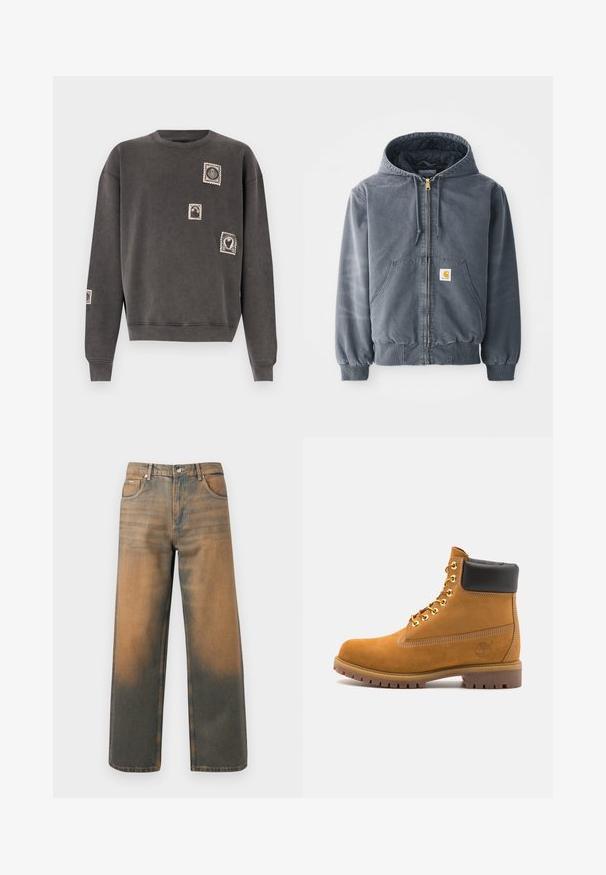 Grau Hoodie mit Frontreißverschluss, zwei großen Taschen, gerippten Bündchen und einem Logo-Patch auf der linken Tasche. Hergestellt aus strapazierfähigem Stoff.; Grau Sweatshirt aus Baumwollmischung, mit Rundhalsausschnitt, langen Ärmeln und dekorativen, bestickten Aufnähern von Postwertzeichen.; Weite Jeans aus verwittertem blauem und braunem Denim. Sie haben eine hohe Taille, Vorderseiten-Taschen und einen klassischen Knopfverschluss mit metallischen Akzenten.; Beige Wildleder-Ankle-Boot mit schwarzem gepolstertem Kragen, goldenen Metallösen, weißen Nähdetalben und einer robusten Gummisohle mit ausgeprägtem Profil.