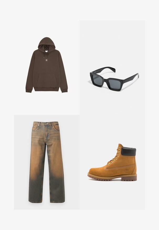 Pelēks kapučjaka džemperis ar priekšējo rāvējslēdzēju, divām lielām kabatām, ribota krokotā piedurkne un logo uzlīme uz kreisās kabatas. Izgatavots no izturīga materiāla.; Brūns kapuci ar kangaru kabatu, aukliņu kapuci un centrētu "II" baltā tekstā. Kokvilnas materiāls ar gludu tekstūru.; Platas kāju džinsi novecojušajā zilā un brūnā denimā. Ievērojams augsts viduklis, priekšējās kabatas un klasiskā pogu aizdare ar metāliskām akcentiem.; Brūna zamša potīte ar melnu izšuvumu ap kaklu, zelta metāla acu caurumi, balta šuvju apdare un izturīgs gumijas zole ar izteiktu zīmējumu.; Melni taisnstūra saulesbrilles ar tumšiem stikliem. Plastmasas rāmis ar spīdīgu apdari, ar plašu tiltu un nedaudz sašaurinātām kājiņām.