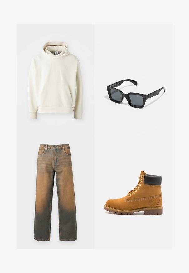 Grau Hoodie mit Frontreißverschluss, zwei großen Taschen, gerippten Bündchen und einem Logo-Patch auf der linken Tasche. Hergestellt aus strapazierfähigem Stoff.; Cremefarbener Kapuzenpullover mit einer Fronttasche, gerippten Bündchen und einem kleinen gestickten Logo auf der Brust. Glatte Stofftextur.; Weite Jeans aus verwittertem blauem und braunem Denim. Sie haben eine hohe Taille, Vorderseiten-Taschen und einen klassischen Knopfverschluss mit metallischen Akzenten.; Beige Wildleder-Ankle-Boot mit schwarzem gepolstertem Kragen, goldenen Metallösen, weißen Nähdetalben und einer robusten Gummisohle mit ausgeprägtem Profil.; Schwarze rechteckige Sonnenbrille mit dunklen Gläsern. Kunststoffrahmen mit glänzender Oberfläche, ausgestattet mit einer breiten Brücke und leicht verjüngten Bügeln.