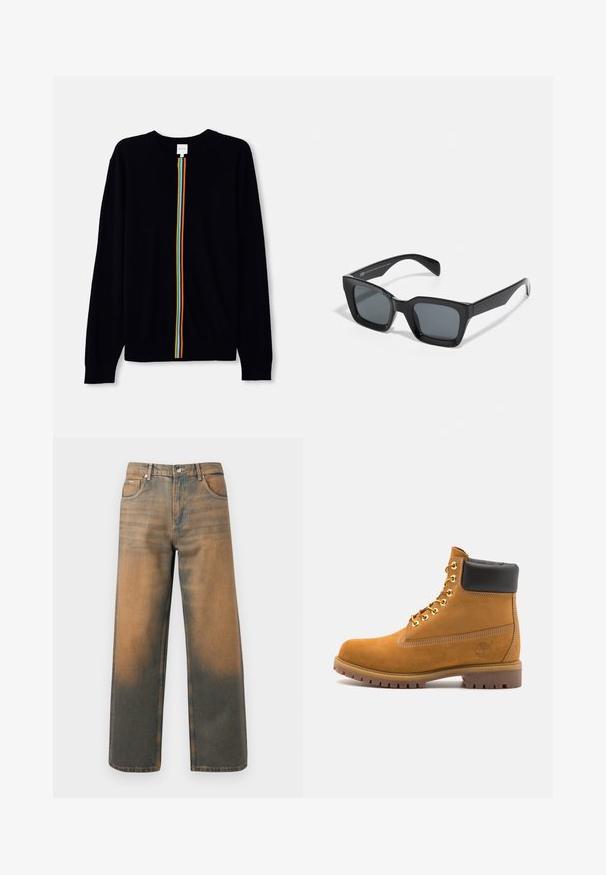 Sweatshirt gri cu glugă, cu fermoar frontal, două buzunare mari, manșete ribbate și o eticheta cu logo pe buzunarul din stânga. Fabricat dintr-un material durabil.; Pulover negru cu maneci lungi, având o dunga verticala centrală în culori curcubeu. Material tricotat moale, cu manșete cu nervuri.; Jeans evazați din denim albastru și maro distrus. Prezintă un talie înaltă, buzunare frontale și o închidere clasică cu buton, cu accente metalice.; Cizmă de gleznă din întoarsă de culoare bej, cu guler negru căptușit, ochiuri din metal auriu, detalii de cusătură albă și talpă din cauciuc robustă, cu un model pronunțat.; Ochelari de soare rectangulari negri cu lentile întunecate. Ramă din plastic cu un finisaj lucios, având un pod lat și brațe ușor înguste.