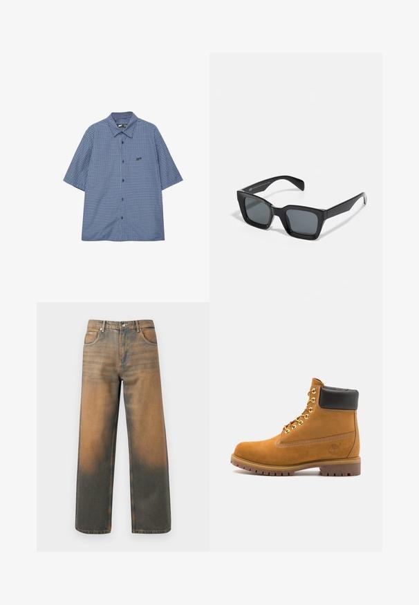 Grijze capuchontrui met een ritssluiting aan de voorkant, twee grote zakken, geribbelde manchetten en een logopatch op de linkerzak. Gemaakt van duurzaam materiaal.; Korte mouwen, knoopsluiting overhemd in een blauw geruit patroon, met een spread collar en een klein zwart logo op de linker borst. Katoenmix stof.; Wijd-uitlopende jeans in verouderd blauw en bruin denim. Heeft een hoge taille, voorzakken en een klassieke knoopsluiting met metalen accenten.; Tan suède enkelboot met zwart gevoerd kraagje, gouden metalen oogjes, witte stikdetails en een robuuste rubberen zool met uitgesproken profiel.; Zwarte rechthoekige zonnebril met donkere lenzen. Kunststof frame met een glanzende afwerking, met een brede neusbrug en licht taps toelopende pootjes.