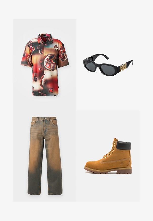 Gray hooded sweatshirt with a front zipper, two large pockets, ribbed cuffs, and a logo patch on the left pocket. Made from durable fabric.; Short-sleeve shirt in glossy fabric, featuring a vivid abstract design of red and brown bubbles against a gradient background. Button-up front.; Wide-leg jeans in distressed blue and brown denim. Features a high waist, front pockets, and a classic button closure with metallic accents.; Tan suede ankle boot with black padded collar, gold metal eyelets, white stitching detailing, and rugged rubber sole with pronounced treads.; Black sunglasses with a chunky geometric frame, dark lenses, and gold metal accents on the temples featuring a round emblem detail.