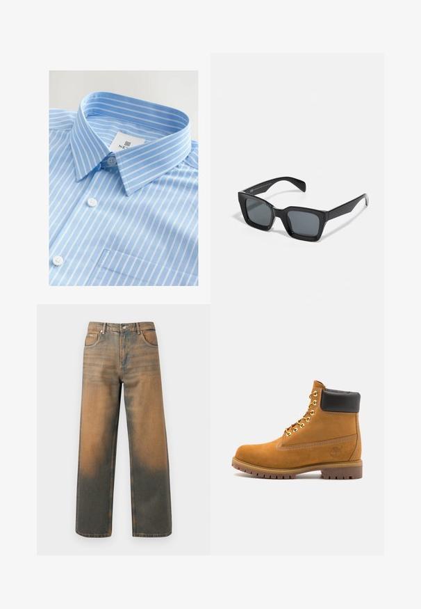 Grå hættetrøje med frontlynlås, to store lommer, ribbede ærmer og et logo-patch på venstre lomme. Lavet af slidstærkt stof.; Lyseblå skjorte med hvide lodrette striber, knaplukning foran, spidse kraver og en enkelt brystlomme. Stof ser glat ud.; Videbenede jeans i slidte blå og brune denim. Har høj talje, forlommer og en klassisk knaplukning med metaldetaljer.; Tan nubuck ankelstøvle med sort polstret krave, gyldne metaløjer, hvid syning detaljer og robust gummisål med udtalte slidbaner.; Sorte rektangulære solbriller med mørke linser. Plastisk stel med højglans finish, der har en bred næsebro og let tilspidsede arme.