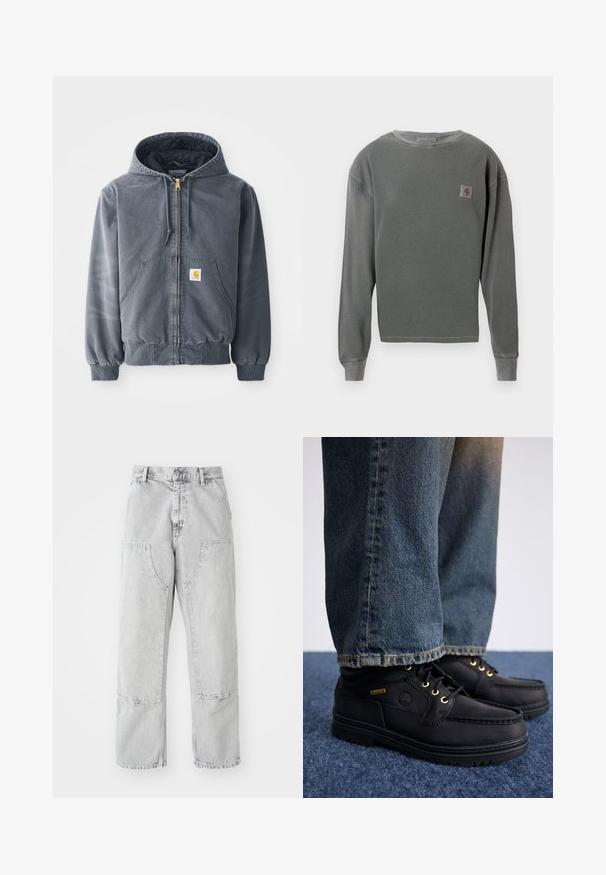 Grå hettegenser med glidelås foran, to store lommer, ribbestrikkede mansjetter og en logo-patch på venstre lomme. Laget av slitesterkt stoff.; Grå langermet genser med rund hals og ribbestruktur, med et lite firkantet logo-patch på venstre bryst og ribbestrikkede mansjetter.; Lys grå denimbukser med løs passform, med store sidelommer, synlig søm, og en rett bendesign. Beltestropper i midjen.; Sorte lærko med guldfarvede øjer og en stribet overflade, parret med blå denim jeans. Skoene har en lagdelt sål og et branddetails.