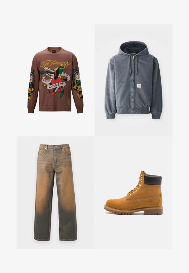 Szara bluza z kapturem, z suwakiem z przodu, dwiema dużymi kieszeniami, ściągaczami przy mankietach i naszywką z logiem na lewej kieszeni. Wykonana z trwałego materiału.; Brązowa, długosleeve koszulka z nadrukami inspirowanymi tatuażami, w tym orłem, różami i banerem z napisem "PRAWDZIWA ŚMIERĆ".; Jeansy o szerokich nogawkach w przetartym niebieskim i brązowym denimp. Posiadają wysoki stan, przednie kieszenie oraz klasyczne zapięcie na guzik z metalowymi akcentami.; Beżowe zamszowe botki sięgające kostki z czarną wyściełaną krawędzią, złotymi oczkami, białymi detalami szycia oraz wytrzymałą gumową podeszwą z wyraźnym bieżnikiem.