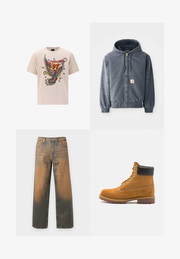 Gray hooded sweatshirt with a front zipper, two large pockets, ribbed cuffs, and a logo patch on the left pocket. Made from durable fabric.; Beige cotton t-shirt featuring a large eagle graphic with red and yellow accents, "Ed Hardy" text, and stars in a textured print design.; Wide-leg jeans in distressed blue and brown denim. Features a high waist, front pockets, and a classic button closure with metallic accents.; Tan suede ankle boot with black padded collar, gold metal eyelets, white stitching detailing, and rugged rubber sole with pronounced treads.