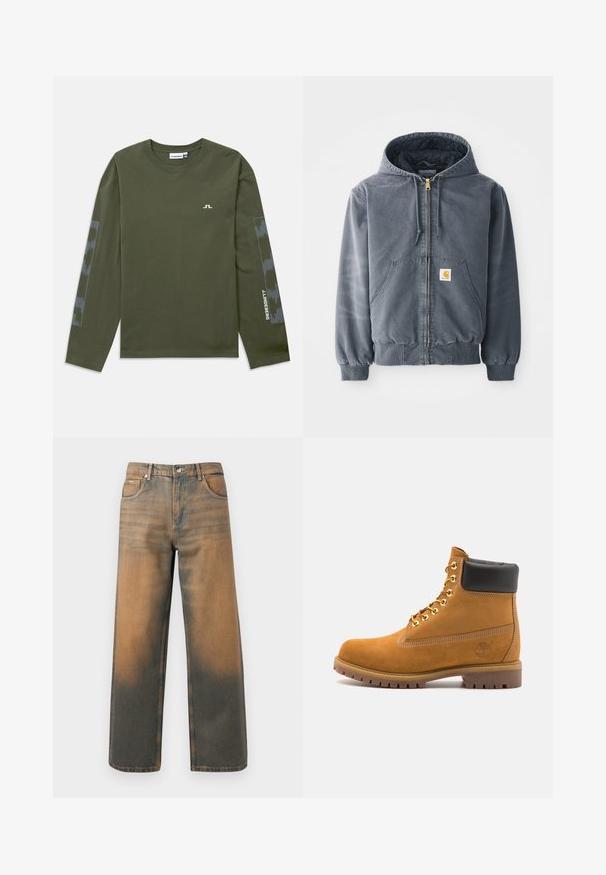 Felpa grigia con cappuccio e zip frontale, due grandi tasche, polsini a coste e un patch con logo sulla tasca sinistra. Realizzata in tessuto resistente.; T-shirt a maniche lunghe color verde oliva in cotone, con un piccolo logo bianco sul petto e un'accenno grigio decorato sulle maniche.; Jeans a gamba larga in denim blu e marrone scuro con effetto usurato. Presentano un alto punto vita, tasche frontali e una chiusura con bottone classico arricchita da dettagli metallici.; Stivale alla caviglia in suede tan con collare imbottito nero, occhielli in metallo dorato, dettagli in cucitura bianca e suola in gomma robusta con battistrada pronunciato.