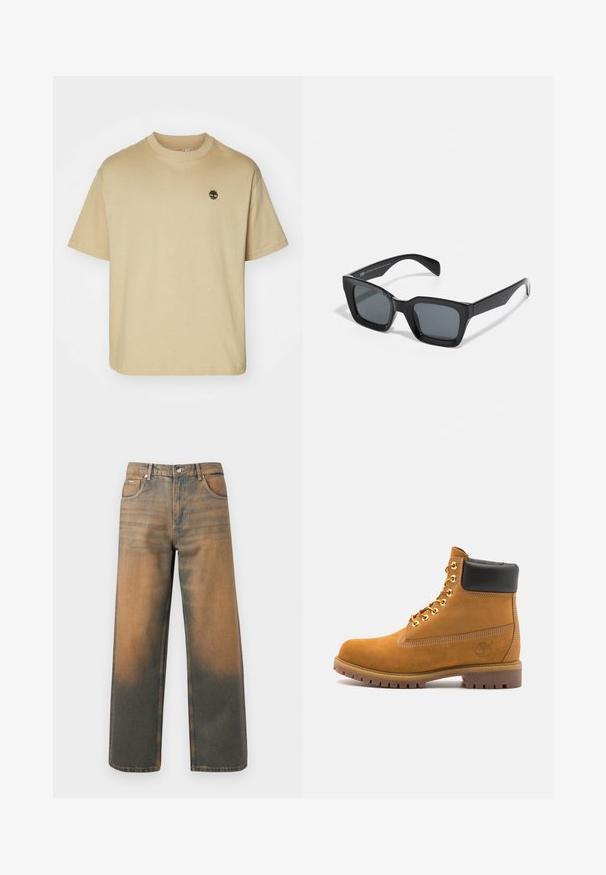 Sivá mikina s kapucňou a predným zipsom, dvomi veľkými vreckami, rebrovanými manžetami a nášivkou loga na ľavom vrecku. Vyrobená z odolného materiálu.; Béžové bavlnené tričko s krátkymi rukávmi, okrúhlym výstrihom a malým vyšitým logom na hrudi. Klasický boxy strih a hladká textúra.; Džínsy s širokými nohavicami v poškodenom modrom a hnedom denime. Majú vysoký pás, predné vrecká a klasické zapínanie na gombík s kovovými akcentmi.; Tyrkysové semišové členkové topánky s čiernym polstrovaným golierom, zlatými kovovými očkami, bielym prešívaním a robustnou gumovou podrážkou s výraznými drážkami.; Čierne obdĺžnikové slnečné okuliare s tmavými sklami. Plastový rám s lesklým povrchom, s širokým mostíkom a mierne zúženými stranami.