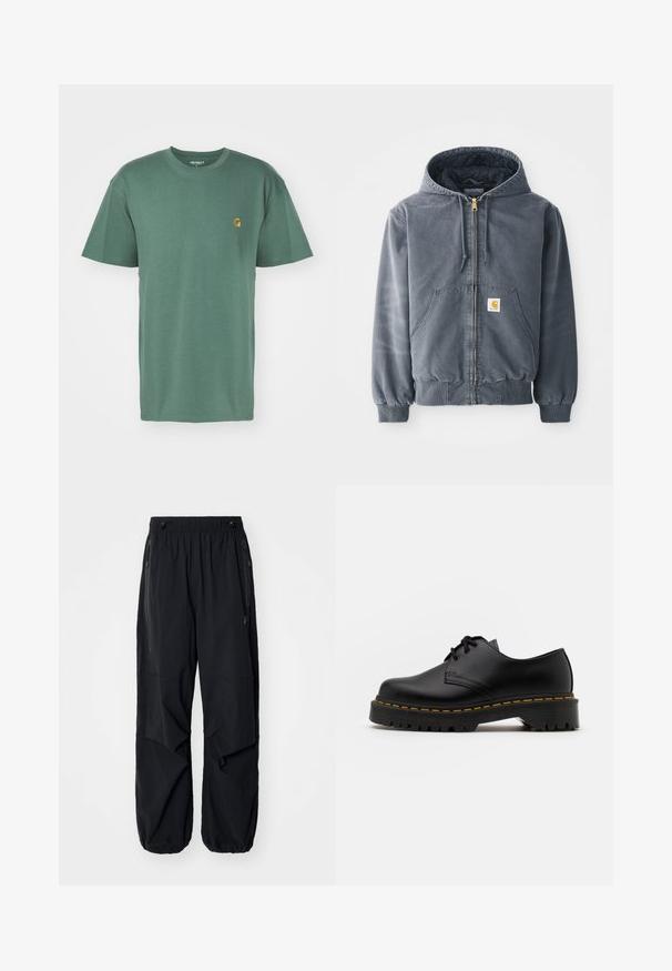 Grå huvtröja med dragkedja fram, två stora fickor, ribbade ärmmuddar och en logotypapplikation på vänster ficka. Tillverkad av slitstarkt material.; Carhartt WIP CHASE - T-shirt - bas - duck green/gold; Svarta lätta cargobyxor med elastisk midja, sidoklaffar och rymliga fickor. Har en lös passform och smalnande benslut.; Svart läder snörsko med rundad tå, texturerad gummisula och gul söm runt basen. Platt design och slät yta.