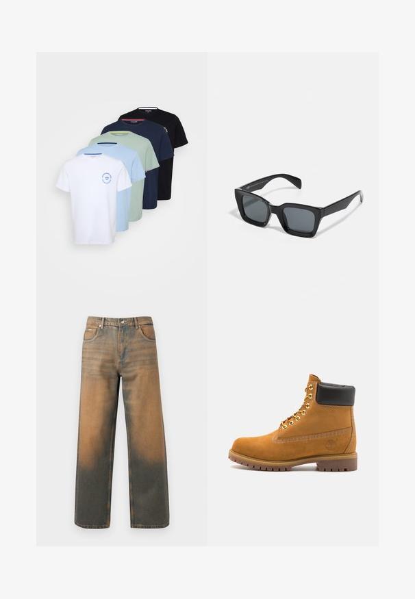 Pelēks kapučjaka džemperis ar priekšējo rāvējslēdzēju, divām lielām kabatām, ribota krokotā piedurkne un logo uzlīme uz kreisās kabatas. Izgatavots no izturīga materiāla.; Pieci īsās piedurknes T-krekli baltā, gaiši zilā, piparmētru zaļā, tumši zilā un melnā krāsā; kokvilnas materiāls ar apaļu kaklu un logo akcentiem.; Platas kāju džinsi novecojušajā zilā un brūnā denimā. Ievērojams augsts viduklis, priekšējās kabatas un klasiskā pogu aizdare ar metāliskām akcentiem.; Brūna zamša potīte ar melnu izšuvumu ap kaklu, zelta metāla acu caurumi, balta šuvju apdare un izturīgs gumijas zole ar izteiktu zīmējumu.; Melni taisnstūra saulesbrilles ar tumšiem stikliem. Plastmasas rāmis ar spīdīgu apdari, ar plašu tiltu un nedaudz sašaurinātām kājiņām.