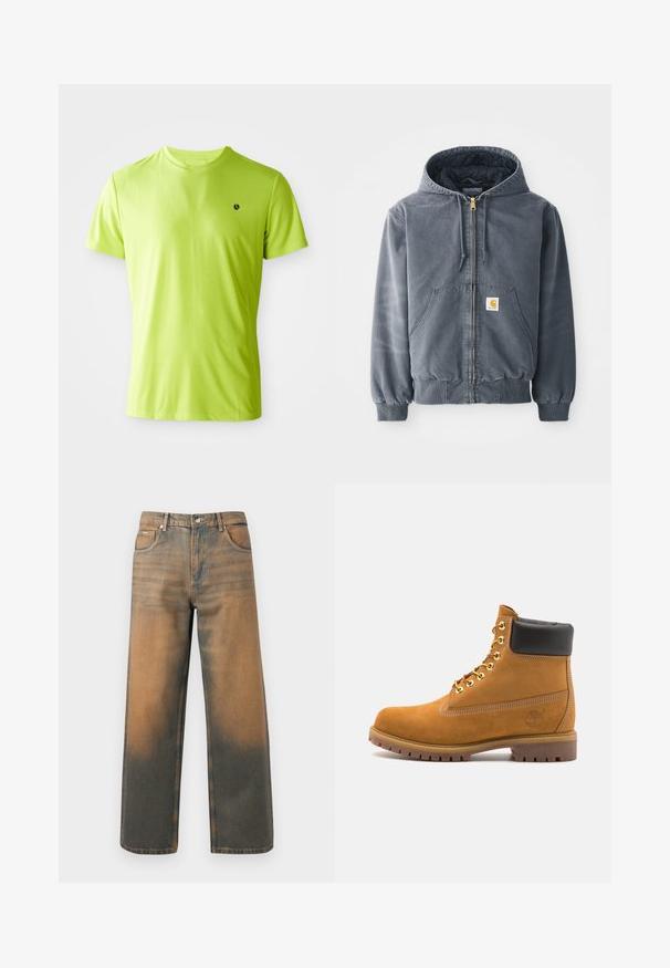 Sivi dukserica s kapuljačom i prednjim patentnim zatvaračem, dva velika džepa, rebraste manžete i logotip na lijevom džepu. Izrađena od izdržljivog materijala.; Svijetlo limeta zelena kratkotrajna atletska majica s kratkim rukavima, s malim crnim logotipom na lijevoj strani prsnog koša, prikazana na bijeloj pozadini.; Suberane traperice širokih nogavica u ispranom plavom i smeđem denimu. Imaju visoki struk, prednje džepove i klasično dugme sa metalnim detaljima.; Antracitne antilop čizme do gležnjeva s crnim podstavljenim ovratnikom, zlatnim metalnim rupicama, bijelim šavovima i robusnom gumenom potplatom s izraženim šarama.