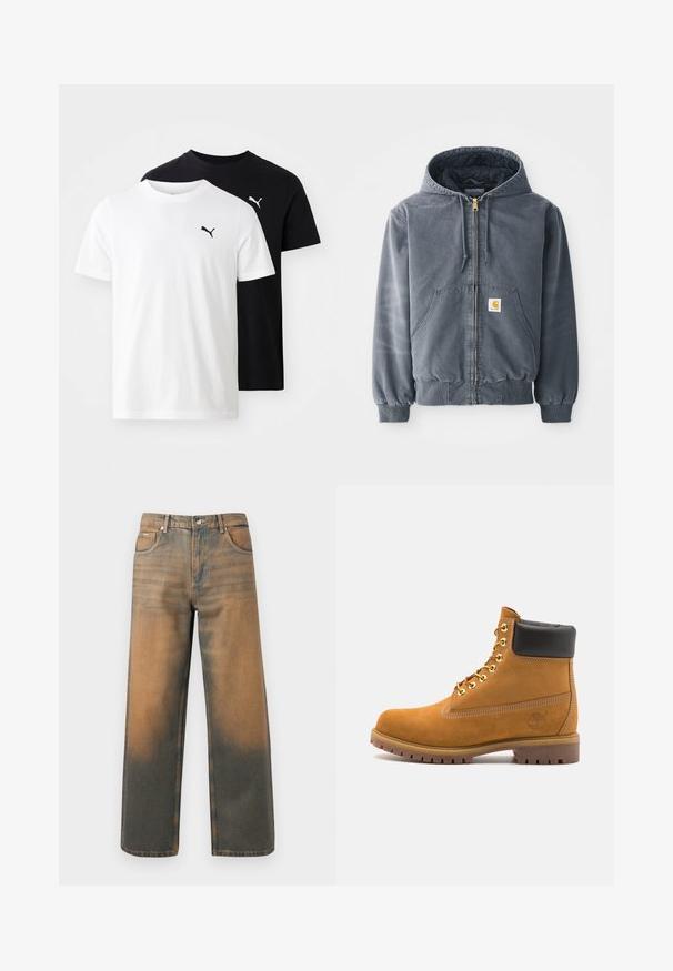 Pelēks kapučjaka džemperis ar priekšējo rāvējslēdzēju, divām lielām kabatām, ribota krokotā piedurkne un logo uzlīme uz kreisās kabatas. Izgatavots no izturīga materiāla.; Divi īsām piedurknēm T-krekli: viens balts un otrs melns, abi ar apaļu dekoltē un Puma logo melnā krāsā uz krūtīm. Kokvilnas audums.; Platas kāju džinsi novecojušajā zilā un brūnā denimā. Ievērojams augsts viduklis, priekšējās kabatas un klasiskā pogu aizdare ar metāliskām akcentiem.; Brūna zamša potīte ar melnu izšuvumu ap kaklu, zelta metāla acu caurumi, balta šuvju apdare un izturīgs gumijas zole ar izteiktu zīmējumu.