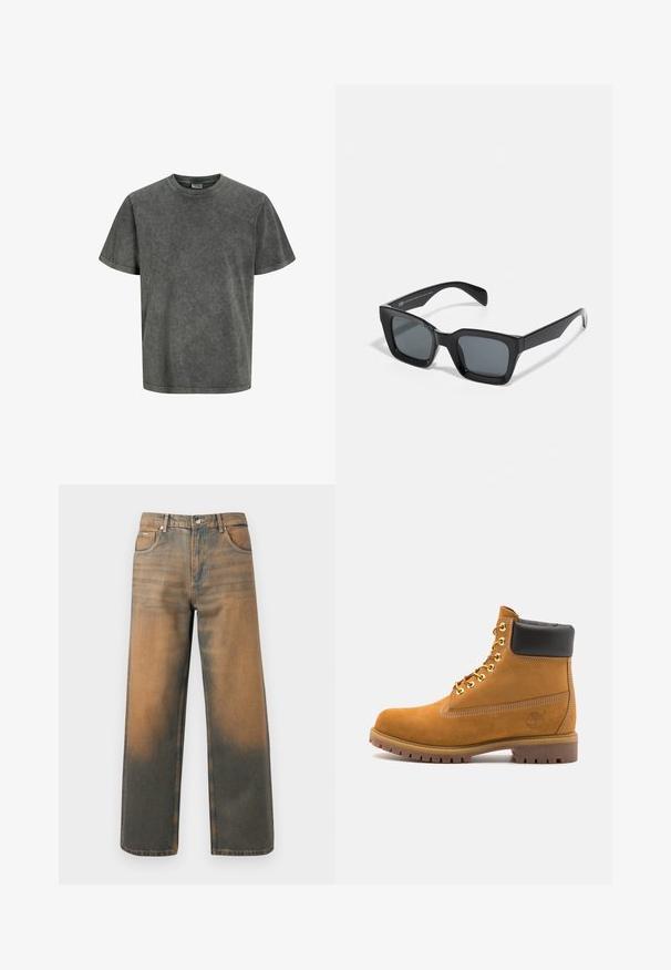 Hallide kapuutsiga sviiter, millel on ees zipper, kaks suurt taskut, ribadest varrukad ja logo tempel vasakul taskul. Valmistatud vastupidavast kangast.; Lühikeste varrukatega T-särk tuhm tumedashallil värvil, pehmest kangast, ümarate kaelustega ja lõdva lõikega. Sile tekstuur, ilma mustriteta.; Laia teksad kulunud sinises ja pruunis denimis. Omavad kõrget vöökohta, eespooltaskuid ja klassikalist nupuga sulgemist metallist aktsentidega.; Küpset tan suede sääreboot musta pehmea kraega, kuldsed metallist silmad, valge õmblemise detailid ja robustne kummist tallaga, millel on väljendunud mustrid.; Mustad ristkülikukujulised prillid tumedate läätsedega. Plastist raam, millel on läikiv viimistlus, laia sillaga ja veidi kitsenevad käepidemed.