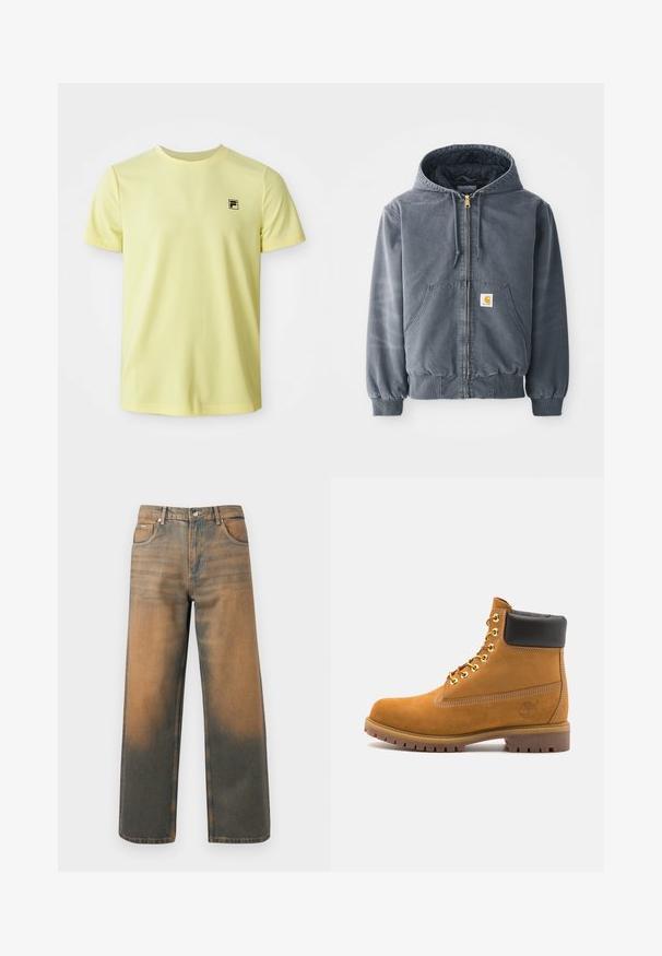 Sivi dukserica s kapuljačom i prednjim patentnim zatvaračem, dva velika džepa, rebraste manžete i logotip na lijevom džepu. Izrađena od izdržljivog materijala.; Svijetložuta majica kratkih rukava s okruglim izrezom, s malim crnim logotipom na lijevoj strani prsnog koša, prikazana na bijeloj pozadini.; Suberane traperice širokih nogavica u ispranom plavom i smeđem denimu. Imaju visoki struk, prednje džepove i klasično dugme sa metalnim detaljima.; Antracitne antilop čizme do gležnjeva s crnim podstavljenim ovratnikom, zlatnim metalnim rupicama, bijelim šavovima i robusnom gumenom potplatom s izraženim šarama.