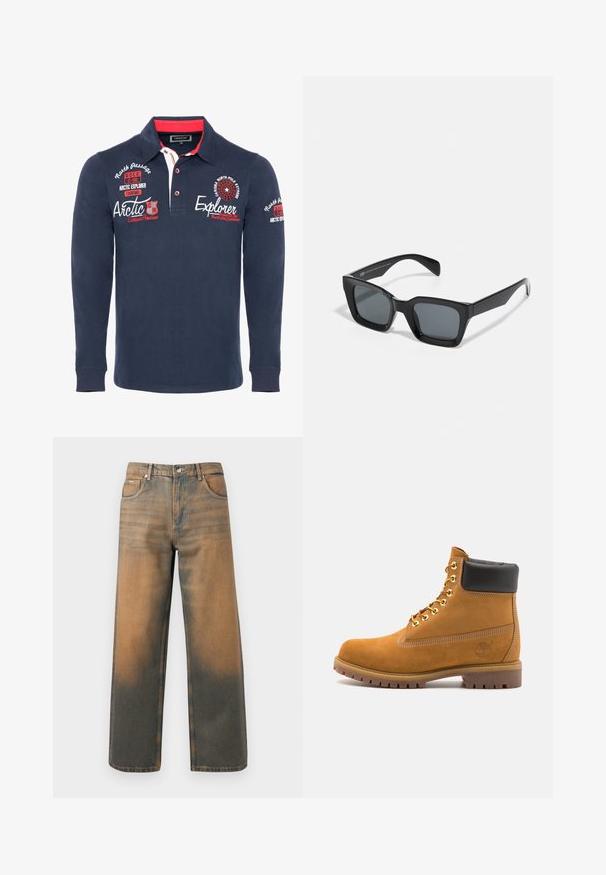 Pelēks kapučjaka džemperis ar priekšējo rāvējslēdzēju, divām lielām kabatām, ribota krokotā piedurkne un logo uzlīme uz kreisās kabatas. Izgatavots no izturīga materiāla.; Navy garšām piedurknēm polo krekls, izgatavots no kokvilnas, ar apkakli, sarkaniem akcentiem un izšūtiem tekstiem un grafikiem uz krūtīm un piedurknēm.; Platas kāju džinsi novecojušajā zilā un brūnā denimā. Ievērojams augsts viduklis, priekšējās kabatas un klasiskā pogu aizdare ar metāliskām akcentiem.; Brūna zamša potīte ar melnu izšuvumu ap kaklu, zelta metāla acu caurumi, balta šuvju apdare un izturīgs gumijas zole ar izteiktu zīmējumu.; Melni taisnstūra saulesbrilles ar tumšiem stikliem. Plastmasas rāmis ar spīdīgu apdari, ar plašu tiltu un nedaudz sašaurinātām kājiņām.