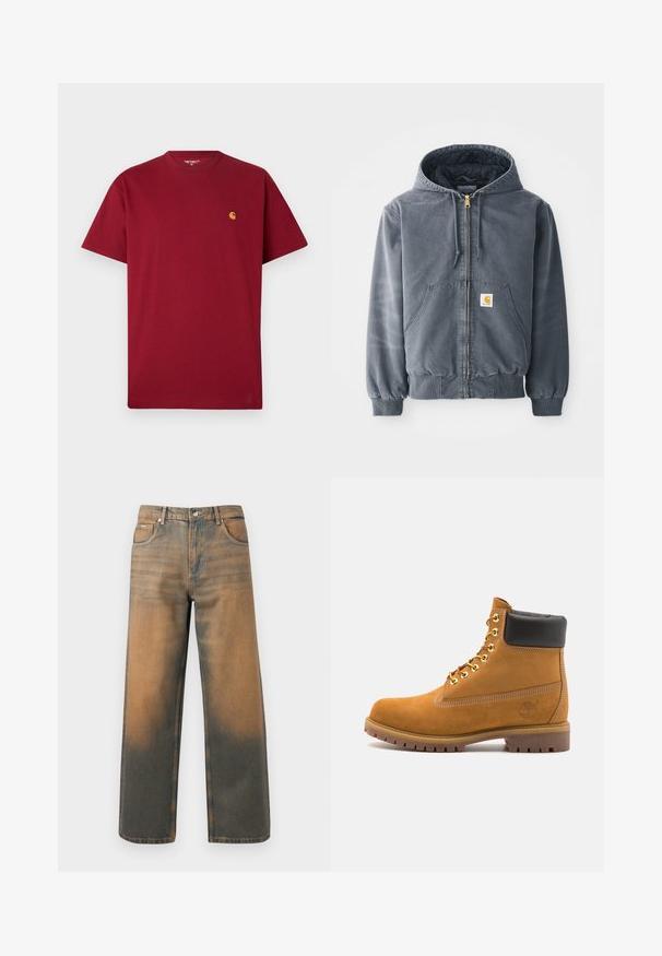 Harmaa huppari, jossa on edessä vetoketju, kaksi suurta taskua, ribbikaiset hihansuut ja logopatchi vasemmassa taskussa. Valmistettu kestävästä kankaasta.; Punainen puuvillapaita, jossa on pyöreä kaula-aukko, lyhyet hihat ja pieni kullanvärinen logo vasemmassa rinnassa. Pehmeä kangas ja suora leikkaus.; Levin leveät farkut kuluneessa sinisessä ja ruskeassa denimmissä. Ominaisuuksiin kuuluu korkea vyötärö, etupussit ja klassinen napitus metallikoristeilla.; Valkoinen nahkainen nilkkuri mustalla pehmustetulla kauluksella, kultaisilla metallisilla rei'illä, valkoisella ompeluksella ja jykevällä kumipohjalla, jossa on selvästi näkyvät urat.