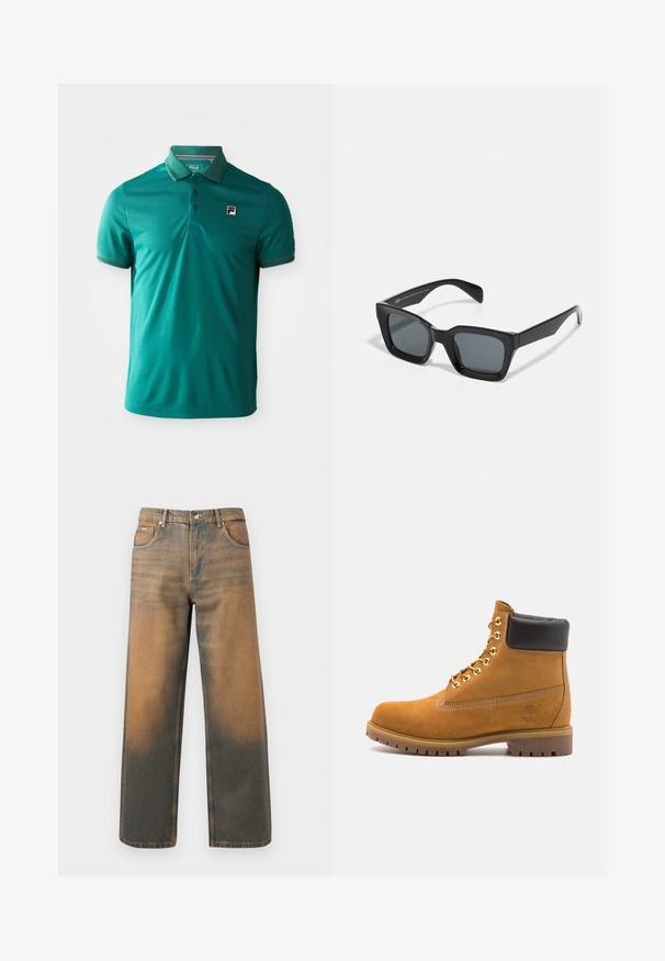 Harmaa huppari, jossa on edessä vetoketju, kaksi suurta taskua, ribbikaiset hihansuut ja logopatchi vasemmassa taskussa. Valmistettu kestävästä kankaasta.; Vihreä lyhythihainen pukeutumispaidan, jossa on kolme nappia ja pieni FILA-logo vasemmassa rintapielessä, valkoista taustaa vasten.; Levin leveät farkut kuluneessa sinisessä ja ruskeassa denimmissä. Ominaisuuksiin kuuluu korkea vyötärö, etupussit ja klassinen napitus metallikoristeilla.; Valkoinen nahkainen nilkkuri mustalla pehmustetulla kauluksella, kultaisilla metallisilla rei'illä, valkoisella ompeluksella ja jykevällä kumipohjalla, jossa on selvästi näkyvät urat.; Musta suorakulmainen aurinkolasi tummilla linsseillä. Muovikehys kiiltävällä pinnalla, leveällä siltalla ja hieman kapenevilla jaloilla.