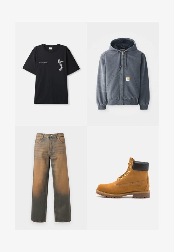 Siv hoodie z zadrgo spredaj, z dvema velikima žepoma, rebrastimi manšeti in logotipom na levem žepu. Narejen iz trpežnega blaga.; Črna bombažna majica ima ohlapen kroj, okrogli izrez in vezen napis "United By Rhythm" z dekorativnim vzorcem ob strani.; Široke kavbojke v obrabljenem modrem in rjavem denimu. Imajo visok pas, sprednje žepke in klasično zapiranje na gumb z kovinskimi poudarki.; Svetlo rjave anklne čizme iz semiša z črnim oblazinjenim ovratnikom, zlatimi kovinskimi očesci, belimi šivi in robustnim gumijastim podplatom s izrazitimi tredi.