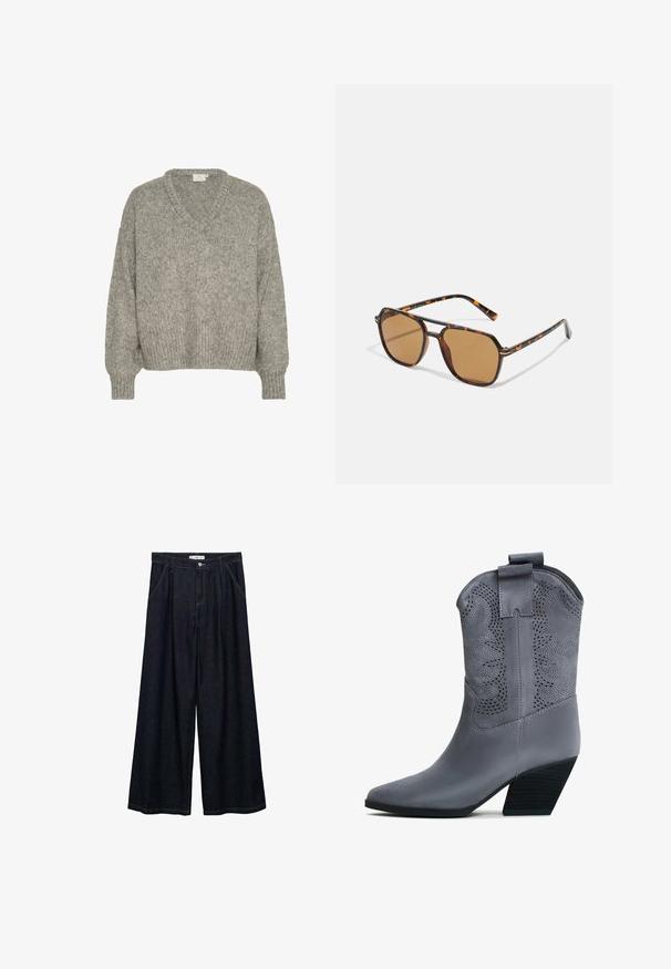 Ruskea lyhyt tekonahkatakki, jossa on terävä kaulus, vetoketjusulku ja kontrastiväriset ompeleet. Pitkät hihat ja sivuvetoketjutaskut.; Vaaleanharmaa neulepaita, jossa on V-pääntie, löysä malli sekä ribbireunat hihoissa ja helmassa. Valmistettu tekstuuripinnoitteisesta kankaasta, joka on pehmeän näköinen.; Valkoinen pitkähihaisempi paita, jonka pyöreä helma, pehmeä kangas, selkäsauma ja käärmehihet on suunniteltu rentoon istuvuuteen.; Tummat farkku leveälahkeiset housut korkealla vyötäröllä, joissa on etunapit, kaksi sivutaskua ja ompeluyksityiskohtia.; Harmaa tekonahkainen cowboy-kengät, joissa on teräväkärkinen muotoilu, koristeelliset leikkaukset ja kerroksellinen korko. Varustettu vetoketjulla, joka helpottaa pukemista.; Ruskean sävyiset aurinkolasit, joissa on kilpikonnakuorimallinen kehys, suorakulmaiset linssit ja hoikat varret, joissa on oranssi korostuskuvio.