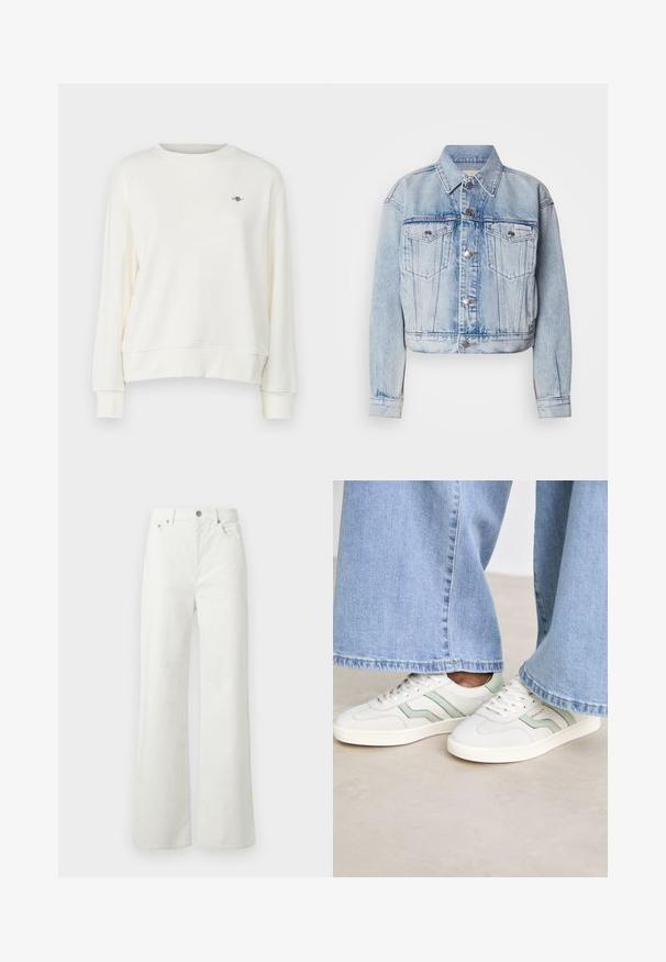 Light blue denim jacket with a cropped design, two chest pockets, silver buttons, and a pointed collar; features faded texture throughout.; Pull-over sweatshirt in cream, featuring a round neck, long sleeves, and a subtle logo accent on the chest. Soft, smooth fabric texture.; Samsøe Samsøe SHELLY - Relaxed fit jeans - clear cream; White sneakers with light green accents, textured leather, and flat rubber soles. Paired with wide-leg denim pants.