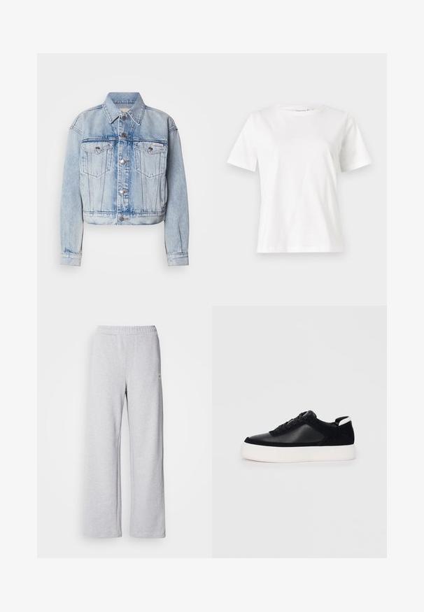 Helleblaue Denimjacke mit tailliertem Design, zwei Brusttaschen, silbernen Knöpfen und einem spitzen Kragen; weist eine ausgebleichte Textur auf.; Weißes Baumwoll-T-Shirt mit kurzen Ärmeln, Rundhalsausschnitt und lockerer Passform. Glatte Textur, keine Muster oder Akzente, minimalistisches Design.; Helle graue Sweatpants mit weitem Bein, elastischem Bund und dezenten Nähdetails. Aus weichem, atmungsaktivem Stoff gefertigt.; Schwarze Sneakers mit glattem Leder und Wildleder-Einsätzen, flachen Schnürsenkeln, runder Zehenpartie und einer weißen Gummisohle. Deutliches Logo an der Ferse.