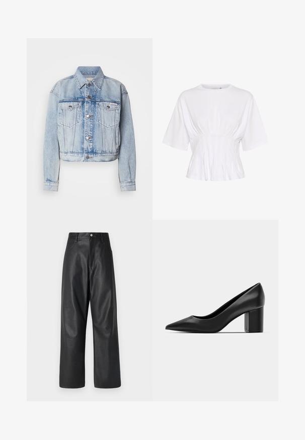 Ljusblå denimjacka med en cropped design, två bröstfickor, silverknappar och en spetsig krage; har en urblekt textur över hela jackan.; Vit kortärmad topp i mjuk tyg, med rund halsringning och rynkade detaljer vid midjan för en figurnära look.; Svarta läderbyxor med vida ben och hög midja, med frontfickor och en slät yta. Inkluderar en framknapp i metall.; Svart läderklack med spetsig tå och en kraftig fyrkantig klack. Slät textur, enkel design, passar för formella sammanhang.