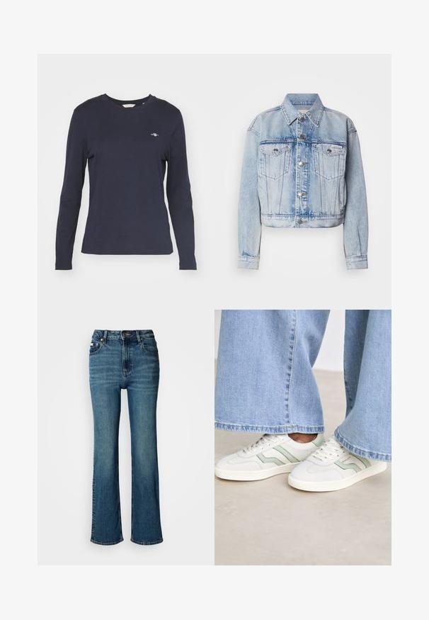 Lyseblå denimjakke med cropped design, to brystlommer, sølvknapper og spids krave; har en falmet tekstur over hele jakken.; Marineblå langærmet t-shirt lavet af bomuld, med rund hals og et lille logo på venstre bryst. Glat tekstur.; Højtaljede blå jeans lavet af denim, med lige ben design, subtil fading, og en standard knap- og lynlås lukning.; Hvide sneakers med lysegrønne accenter, tekstureret læder og flade gummisåler. Parret med bredbenede denimbukser.