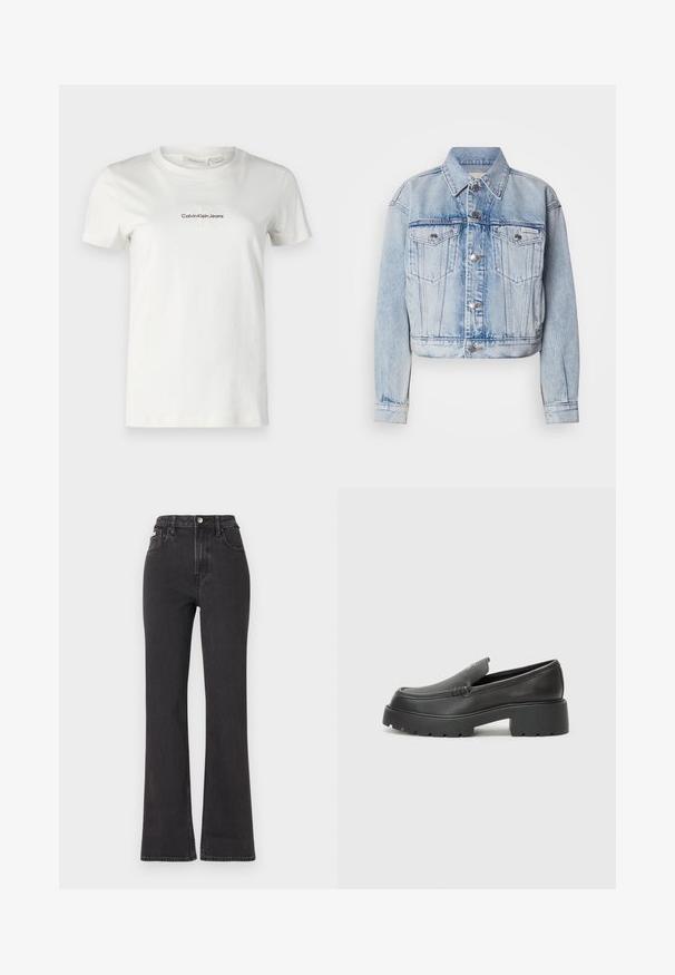 Casaco de denim azul claro com design cropped, dois bolsos no peito, botões prateados e gola pontuda; apresenta uma textura desbotada em todo o lado.; T-shirt branca de algodão com mangas curtas, decote redondo, apresentando um pequeno logótipo bordado "Calvin Klein Jeans" em castanho escuro. Design simples.; Jeans flared pretos de cintura alta feitos de denim, com fecho de botão, passadores para cinto e bolsos laterais. Textura suave com desbotamento mínimo.; Mocassins de couro preto com bico arredondado, sola espessa e texturizada, e detalhes de costura minimalistas. Design elegante sem atacadores ou ferragens visíveis.