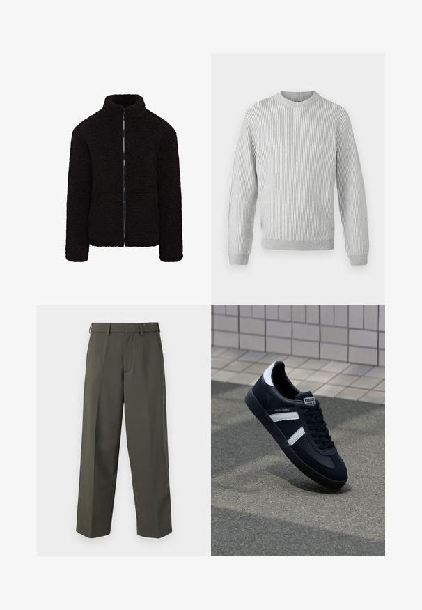 Giacca in fleece nera con colletto alto, zip frontale a tutta lunghezza e tessuto testurizzato. Presenta maniche lunghe e una vestibilità comoda. Nessuna tasca visibile.; Maglione a coste grigio chiaro con scollatura rotonda, maniche lunghe e orlo dritto. Realizzato in tessuto morbido e testurizzato.; Pantaloni dritti verde scuro con una texture liscia, caratterizzati da una parte anteriore piatta, passanti per la cintura e una chiusura con cerniera. Nessun motivo o decorazione visibile.; Sneaker neri in pelle con strisce bianche, suola in gomma texturizzata e allacciatura frontale. Presenta un'etichetta con il marchio sulla linguetta.