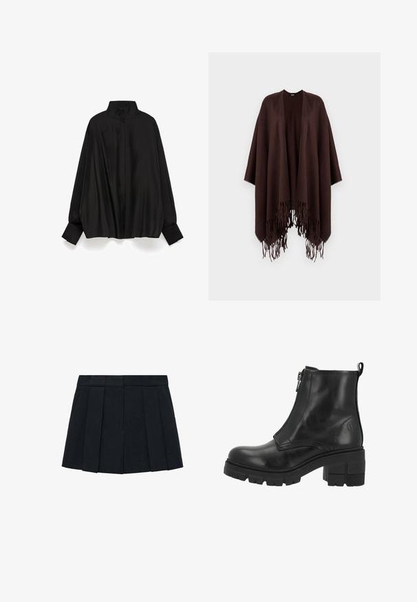 Bruine poncho met franjes, gemaakt van zachte stof, met een gedrapeerd ontwerp, open zijkanten en een ronde hals.; Zwarte blouse met een hoge kraag, lange mouwen en knoopsluitingen bij de manchet. Gemaakt van een gladde, glanzende stof, met een relaxte pasvorm en een naad in het midden van de rug.; Zwarte geplooide rok van een stof met een gladde textuur. Beschikt over een gestructureerde tailleband en meerdere verticale plooien voor definitie.; Zwarte leren enkellaars met een zijrits, dikke zool en blokhak. Heeft subtiele stiksels en een logo aan de buitenzijde.