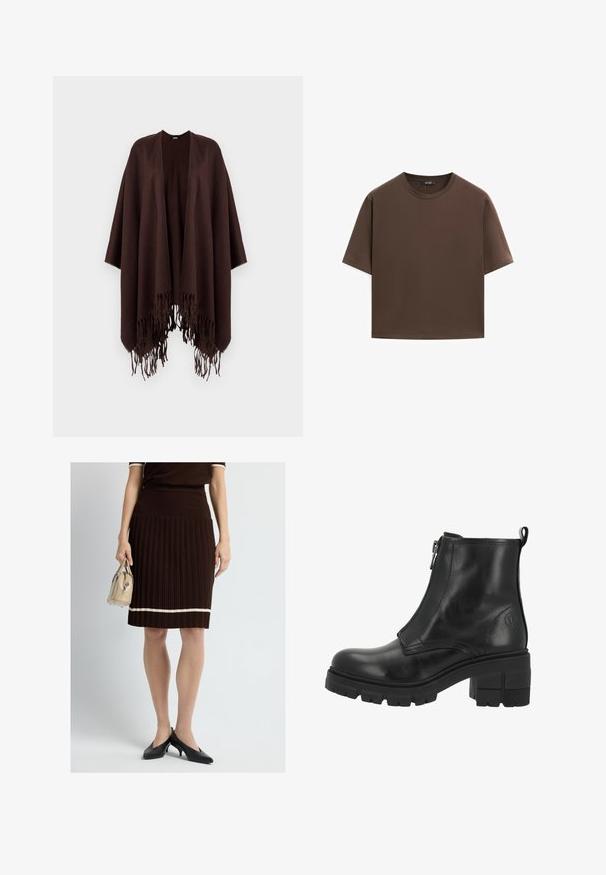 Brun frynset poncho lavet af blødt stof, med et draperet design, åbne sider og en rund halsudskæring.; Brun bomulds t-shirt, korte ærmer, rund halsudskæring, afslappet pasform, glat tekstur, minimalistisk design, ingen synlige mønstre eller accenter.; Brun strikket plisseret nederdel med hvid vandret stribe ved kanten, kombineret med sorte højhælede sko og en lille beige håndtaske.; Sorte læder ankelstøvler med lynlås i siden, tyk sål og blokhæle. Har diskret syninger og et logo på den ydre side.