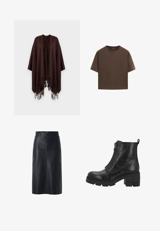 Brauner Poncho mit Fransen aus weichem Stoff, mit einem drapierten Design, geöffneten Seiten und runder Ausschnitt.; Braunes Baumwoll-T-Shirt, kurze Ärmel, runder Halsausschnitt, lockere Passform, glatte Textur, minimalistisches Design, keine sichtbaren Muster oder Akzente.; Schwarze Lederrock mit gerader Silhouette, mit glatter Textur, Taillenbund und detaillierter Naht auf den Vorderpaneelen.; Schwarze Leder-Stiefelette mit seitlichem Reißverschluss, dicker Sohle und Blockabsatz. Verfügt über dezente Nähte und ein Logo an der Außenseite.