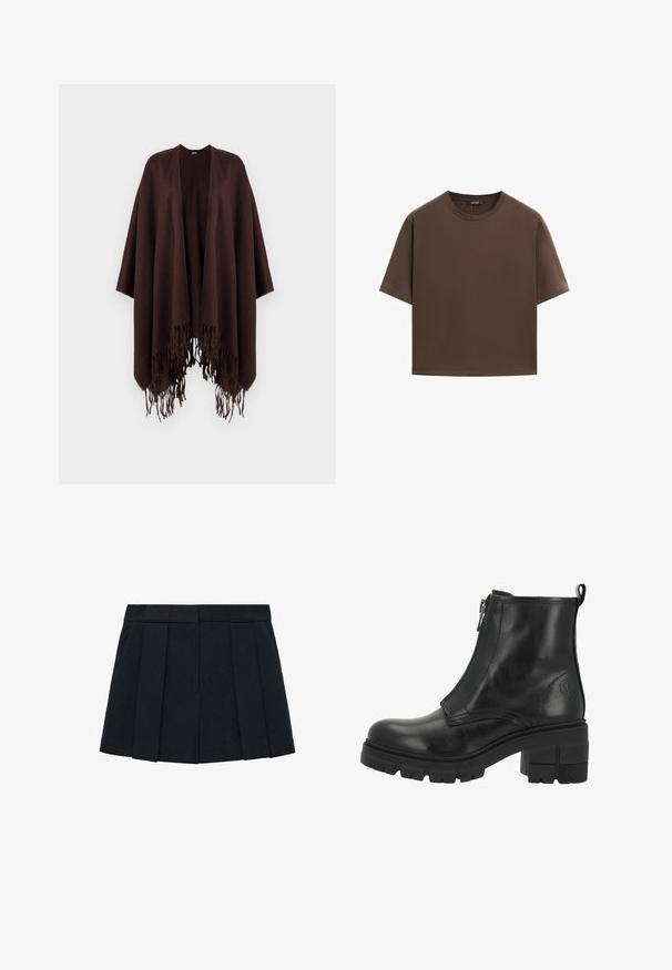 Poncho marrone con frange, realizzato in tessuto morbido, con un design drappeggiato, lati aperti e scollatura arrotondata.; T-shirt in cotone marrone, maniche corte, collo a giro, vestibilità abbastanza ampia, texture liscia, design minimalista, senza motivi o dettagli visibili.; Gonna nera a pieghe realizzata in un tessuto con una texture liscia. Presenta un cinturino strutturato e multiple pieghe verticali per definizione.; Stivale alla caviglia in pelle nera con cerniera laterale, suola spessa e tacco a blocco. Presenta cuciture sottili e un logo sul lato esterno.