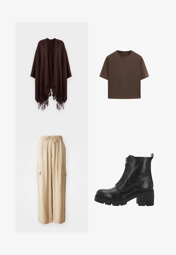 Brun frynset poncho lavet af blødt stof, med et draperet design, åbne sider og en rund halsudskæring.; Brun bomulds t-shirt, korte ærmer, rund halsudskæring, afslappet pasform, glat tekstur, minimalistisk design, ingen synlige mønstre eller accenter.; Beige cargo bukser med brede ben, lavet af et let materiale. Har et elastisk taljebånd, snoretræk og sidelommer med klapper.; Sorte læder ankelstøvler med lynlås i siden, tyk sål og blokhæle. Har diskret syninger og et logo på den ydre side.