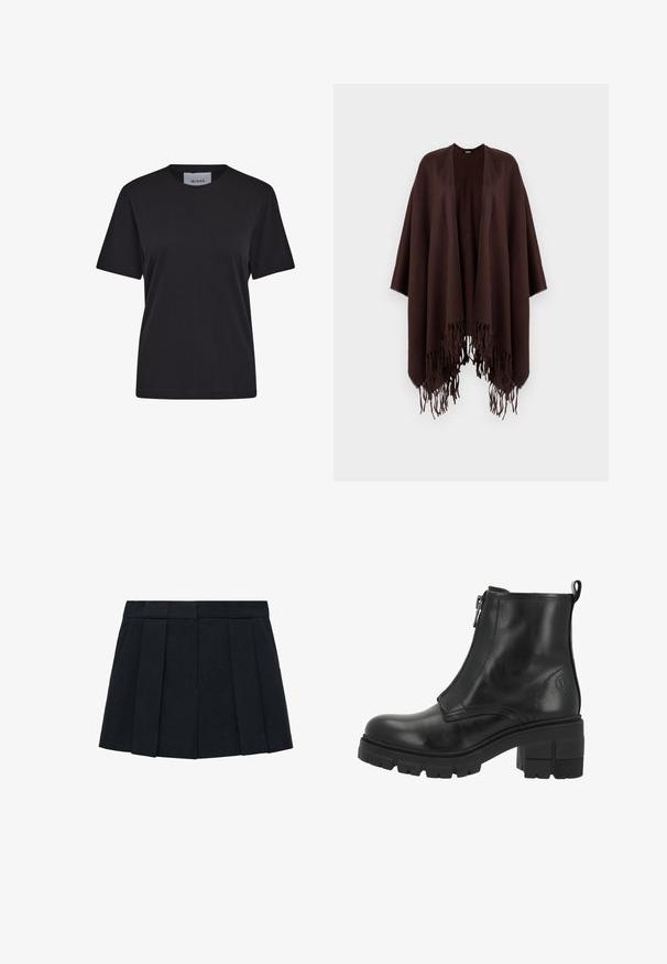 Poncho marrone con frange, realizzato in tessuto morbido, con un design drappeggiato, lati aperti e scollatura arrotondata.; T-shirt nero a maniche corte realizzato in cotone, con scollo rotondo e taglio dritto. Etichetta visibile sul collo.; Gonna nera a pieghe realizzata in un tessuto con una texture liscia. Presenta un cinturino strutturato e multiple pieghe verticali per definizione.; Stivale alla caviglia in pelle nera con cerniera laterale, suola spessa e tacco a blocco. Presenta cuciture sottili e un logo sul lato esterno.