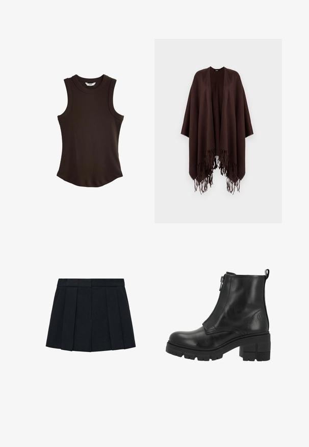 Brauner Poncho mit Fransen aus weichem Stoff, mit einem drapierten Design, geöffneten Seiten und runder Ausschnitt.; Braunes geripptes Tanktop mit Rundhalsausschnitt und ärmellosem Design. Verfügt über einen abgerundeten Saum für eine figurschmeichelnde Silhouette und besteht aus dehnbarem Stoff.; Schwarzer, gefalteter Rock aus einem Stoff mit glatter Textur. Verfügt über einen strukturierten Taillenbund und mehrere vertikale Falten für eine klare Definition.; Schwarze Leder-Stiefelette mit seitlichem Reißverschluss, dicker Sohle und Blockabsatz. Verfügt über dezente Nähte und ein Logo an der Außenseite.