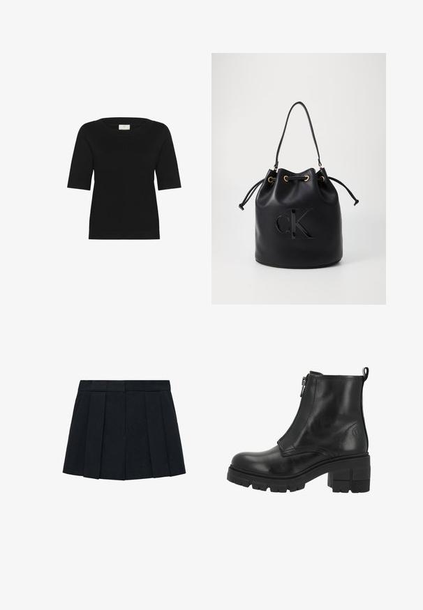 Brown fringed poncho made of soft fabric, featuring a draped design with open sides and a rounded neckline.; Black short-sleeve knit top features a wide boat neck, ribbed texture, and a straight hem. Made from soft, breathable fabric.; Black pleated skirt made of fabric with a smooth texture. Features a structured waistband and multiple vertical pleats for definition.; Black leather ankle boot with a side zipper, thick sole, and block heel. Features subtle stitching and a logo on the outer side.; Black leather bucket bag with drawstring closure, featuring a glossy "CK" logo on the front and gold-tone hardware accents.