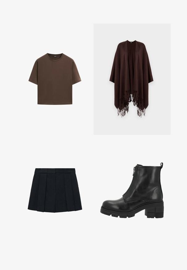Poncho marrone con frange, realizzato in tessuto morbido, con un design drappeggiato, lati aperti e scollatura arrotondata.; T-shirt in cotone marrone, maniche corte, collo a giro, vestibilità abbastanza ampia, texture liscia, design minimalista, senza motivi o dettagli visibili.; Gonna nera a pieghe realizzata in un tessuto con una texture liscia. Presenta un cinturino strutturato e multiple pieghe verticali per definizione.; Stivale alla caviglia in pelle nera con cerniera laterale, suola spessa e tacco a blocco. Presenta cuciture sottili e un logo sul lato esterno.