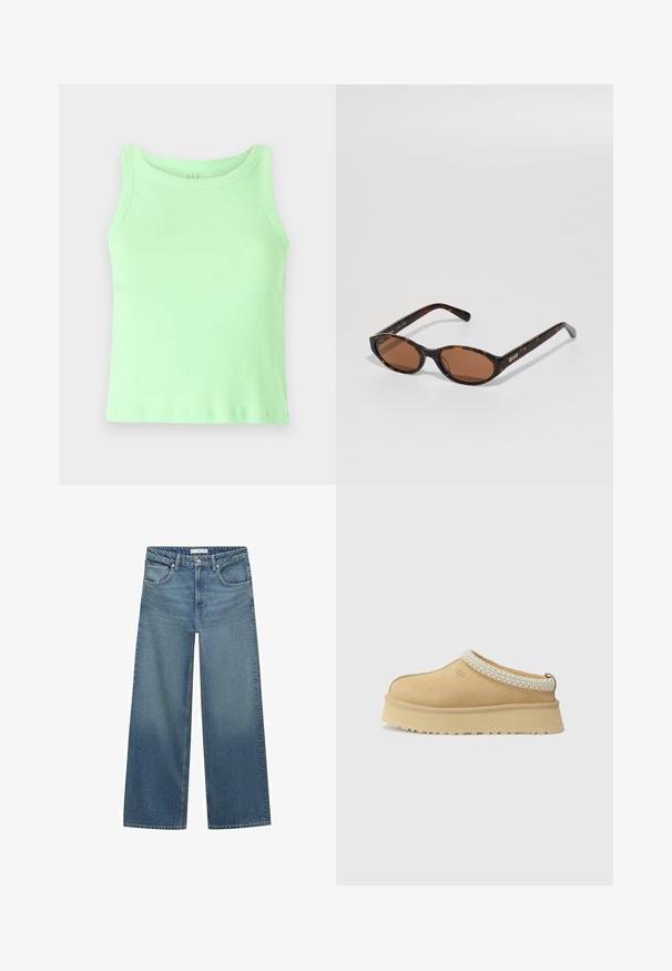 Hnědá ponča s třásněmi vyrobená z měkké látky, s volným designem, otevřenými stranami a kulatým výstřihem.; Světlounce zelený žebrovaný top bez rukávů s kulatým výstřihem. Tkanina se zdá být měkká s mírným elastickým efektem a hladkým povrchem.; Světle modré široké džíny vyrobené z denimu, s polovičním pasem, dvěma předními kapsami a klasickými stehy.; Světlé semišové nazouvací boty s polstrovaným límcem a texturovaným světle modrým akcentem. Vybaveny silnou, odolnou podrážkou s vzorovaným profilem.; Skořicové oválné sluneční brýle s hnědými skly, nakloněné tak, aby bylo vidět logo "QUAY" na pravém ramenu na jednobodovém pozadí.; Černá kožená kabela ve tvaru kyblíku s utažením na šňůru, s lesklým logem "CK" na přední straně a zlatými kovovými detaily.