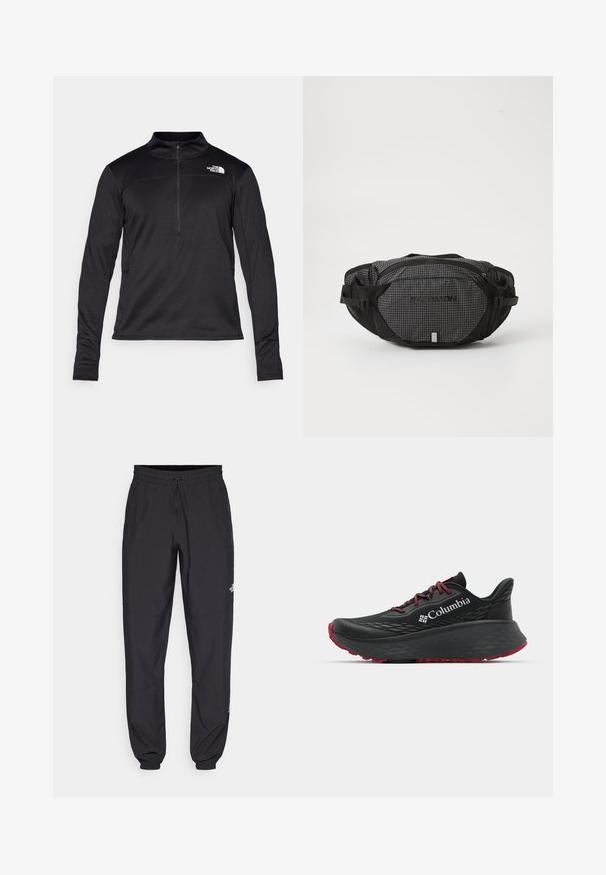 Bílá větruvzdorná bunda s černými akcenty a zipovým uzávěrem. Vyznačuje se vysokým límcem a jemným geometrickým vzorem. Logo na hrudi.; The North Face M GLACIER FLEECE 1/4 ZIP JACKET - Fleecová mikina - grey heather; Černý dlouhý svetr s texturovanou tkaninou, se čtvrtinovým zipem a malým logem na hrudi. Přiléhavé rukávy s otvory na palce.; Černé sportovní kalhoty vyrobené z lehké tkaniny, s páskem na šňůrku, bočními kapsami a zúženými manžetami na kotnících.; Černá sportovní bota s texturovaným svrškem, červenými tkaničkami a logem. Silná podrážka s vzorovaným dezénem pro lepší trakci. Minimalistický design, boční pohled.; Černý a šedý ledvinka s mřížkovaným vzorem, nastavitelnými popruhy, dvěma zipovými kapsami a logem značky na přední straně.
