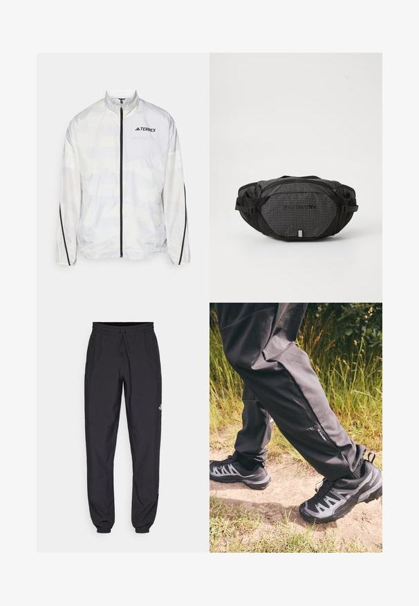 Jachetă albă de vânt cu accente negre și închidere cu fermoar. Are un guler înalt și un model geometric subtil. Logo pe piept.; The North Face M GLACIER FLEECE 1/4 ZIP JACKET - Pulover din fleece - grey heather; Pantaloni atletici negri, confecționați dintr-un material ușor, cu un tiv elastic la talie, buzunare laterale și tivuri ajustate la gleznă.; Pantaloni impermeabili negri cu o croială lejeră, având un mic buzunar lateral. Asortați cu încălțăminte de drumeție rezistentă de culoare neagră și gri, cu un model.; Sac de umăr negru și gri cu un model în grilaj, curele ajustabile, două compartimente cu fermoar și un logo al brandului pe față.